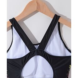 Pine Active Sleeveless Racer Back Legged Swimsuit with Text Print - Black