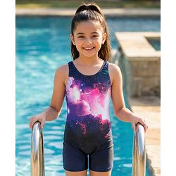 Pine Kids Sleeveless  Legged Swimsuit with Galaxy Theme Print - Navy Blue
