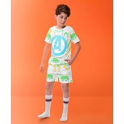 Pine Kids Marvel Cotton Knit Half Sleeves T-Shirt & Shorts Set With The Avengers Graphics - Green