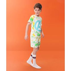 Pine Kids Marvel Cotton Knit Half Sleeves T-Shirt & Shorts Set With The Avengers Graphics - Green