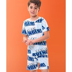 Pine Kids Marvel Cotton Knit Half Sleeves T-Shirt & Shorts Set With The Avengers Print - Blue