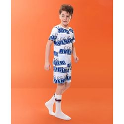Pine Kids Marvel Cotton Knit Half Sleeves T-Shirt & Shorts Set With The Avengers Print - Blue