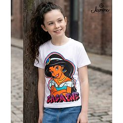 Pine Kids Disney Cotton Knit Half Sleeves T-Shirt With Disney Princess Graphics - Pink & White