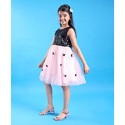 Pine Kids Woven Sleeveless Sequin Net Party Frock - Pink & Black
