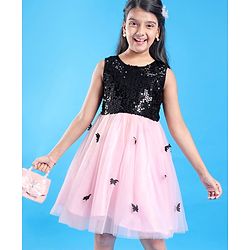 Pine Kids Woven Sleeveless Sequin Net Party Frock - Pink & Black