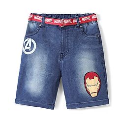 Pine Kids Marvel Denim Above Knee Length Shorts with Belt, Badge Detailing and Avengers Graphics - Blue