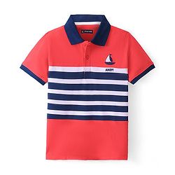 Pine Kids Cotton Half Sleeves Striped Polo T-Shirt With Ship Embroidery - Poppy Red