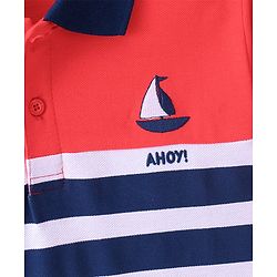 Pine Kids Cotton Half Sleeves Striped Polo T-Shirt With Ship Embroidery - Poppy Red