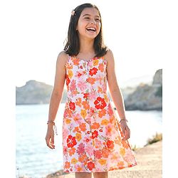 Pine Kids Sleeveless Floral Printed A-Line Frock - White & Pink