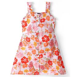 Pine Kids Sleeveless Floral Printed A-Line Frock - White & Pink