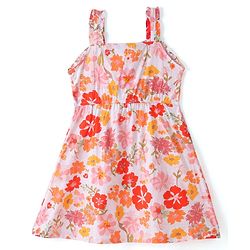 Pine Kids Sleeveless Floral Printed A-Line Frock - White & Pink