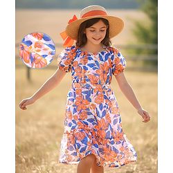 Pine Kids Cotton Woven Half Sleeves Frock with Floral Print - White