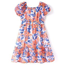 Pine Kids Cotton Woven Half Sleeves Frock with Floral Print - White