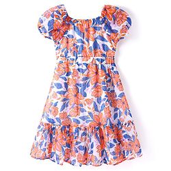 Pine Kids Cotton Woven Half Sleeves Frock with Floral Print - White