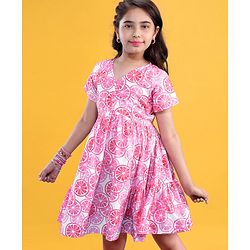 Pine Kids Cotton Woven Half Sleeves Frock Orange Print - Snow White & Pink