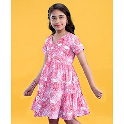 Pine Kids Cotton Woven Half Sleeves Frock Orange Print - Snow White & Pink
