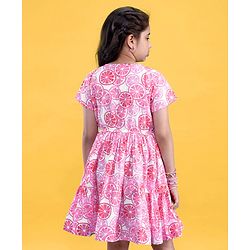 Pine Kids Cotton Woven Half Sleeves Frock Orange Print - Snow White & Pink