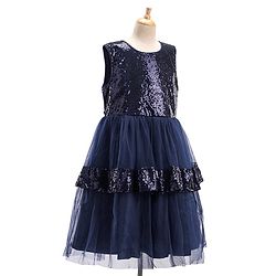 Pine Kids Woven Sleeveless Layered Party Dress with Sequin Detailing - Navy Blue