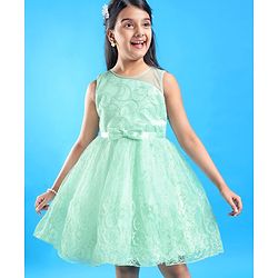 Pine Kids Sleeveless Moon & Floral Embroidered with Bow Applique Party Frock - Sea Green
