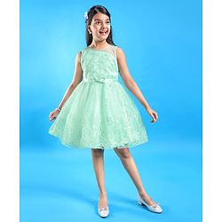 Pine Kids Sleeveless Moon & Floral Embroidered with Bow Applique Party Frock - Sea Green