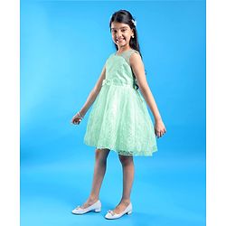 Pine Kids Sleeveless Moon & Floral Embroidered with Bow Applique Party Frock - Sea Green