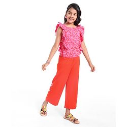 Pine Kids Looper Knit Frill Sleeves Top & Palazzo Set with Heart Print - Red & Pink