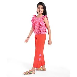 Pine Kids Looper Knit Frill Sleeves Top & Palazzo Set with Heart Print - Red & Pink