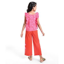 Pine Kids Looper Knit Frill Sleeves Top & Palazzo Set with Heart Print - Red & Pink