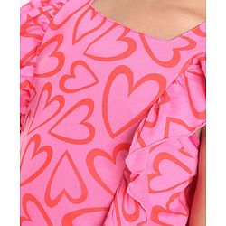 Pine Kids Looper Knit Frill Sleeves Top & Palazzo Set with Heart Print - Red & Pink