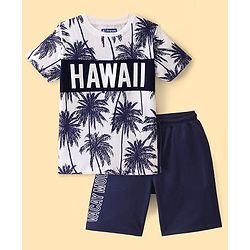 Pine Kids Single Jersey Knit Half Sleeves T-Shirt & Shorts Set Palm Tree Print - Snow White & Blue Depths