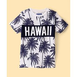 Pine Kids Single Jersey Knit Half Sleeves T-Shirt & Shorts Set Palm Tree Print - Snow White & Blue Depths