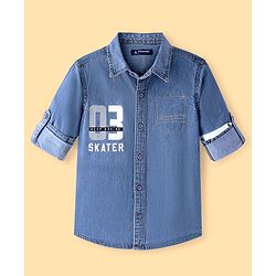 Pine Kids Denim Full Sleeves Washed Shirt With Text Print - Navy Blue
