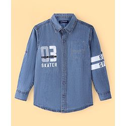 Pine Kids Denim Full Sleeves Washed Shirt With Text Print - Navy Blue