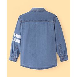 Pine Kids Denim Full Sleeves Washed Shirt With Text Print - Navy Blue