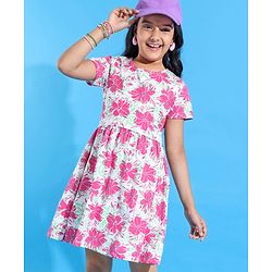 Pine Kids  Cotton Knit Half Sleeves Frock with Floral Print - White