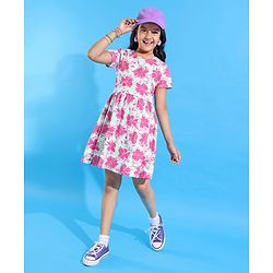Pine Kids  Cotton Knit Half Sleeves Frock with Floral Print - White