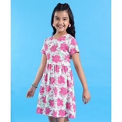 Pine Kids  Cotton Knit Half Sleeves Frock with Floral Print - White