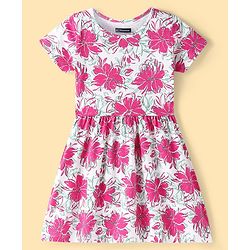 Pine Kids  Cotton Knit Half Sleeves Frock with Floral Print - White
