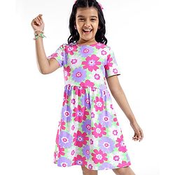 Pine Kids Cotton Knit Half Sleeves Frock with Floral Print - Green