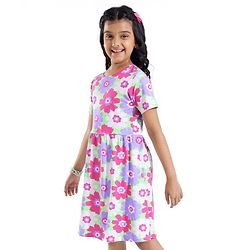 Pine Kids Cotton Knit Half Sleeves Frock with Floral Print - Green