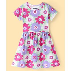 Pine Kids Cotton Knit Half Sleeves Frock with Floral Print - Green