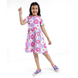 Pine Kids Cotton Knit Half Sleeves Frock with Floral Print - Green