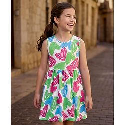 Pine Kids Cotton Knit Sleeveless Frock with Heart Print - White