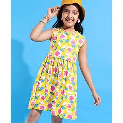 Pine Kids Cotton Knit Sleeveless Frock with Floral Print - Yellow