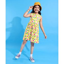 Pine Kids Cotton Knit Sleeveless Frock with Floral Print - Yellow