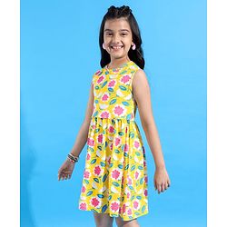 Pine Kids Cotton Knit Sleeveless Frock with Floral Print - Yellow