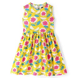 Pine Kids Cotton Knit Sleeveless Frock with Floral Print - Yellow
