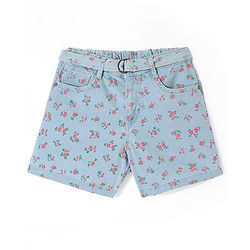 Pine Kids Denim Mid Thigh Shorts with Belt Floral Print - Blue