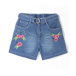 Pine Kids Denim Mid Thigh Shorts with Belt Floral Embroidery - Blue
