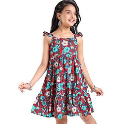 Pine Kids Cotton Woven Sleeveless Ethnic Dress with Belt Floral Print - Red
